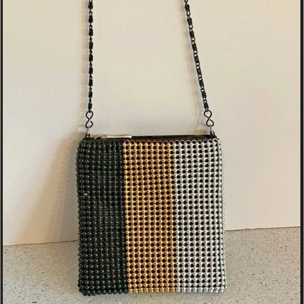 Vintage Beaded Evening Bag Black Silver Gold Retro Metallic Mesh Shoulder Bag